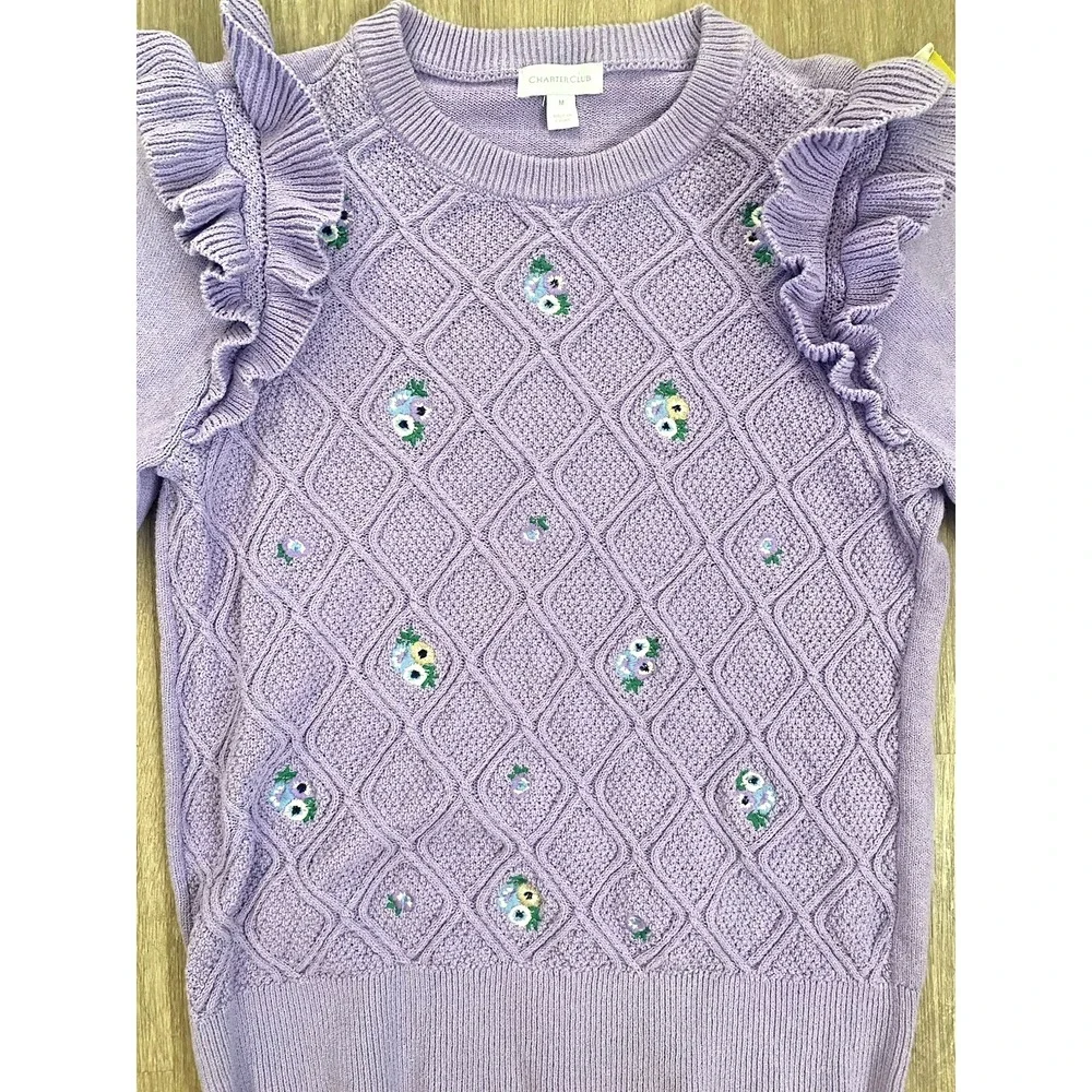 Lavender Fields Ruffle Floral Sweater Sz M Shirt Cottage Cozy Girly Soft Grandma